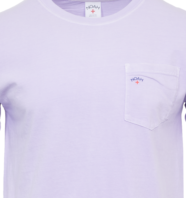 Image 2 of 2 - PURPLE - NOAH Core Logo Pocket T-shirt featuring logo print at the chest, crew neck, short sleeves, chest patch pocket and straight hem. 100% cotton.  