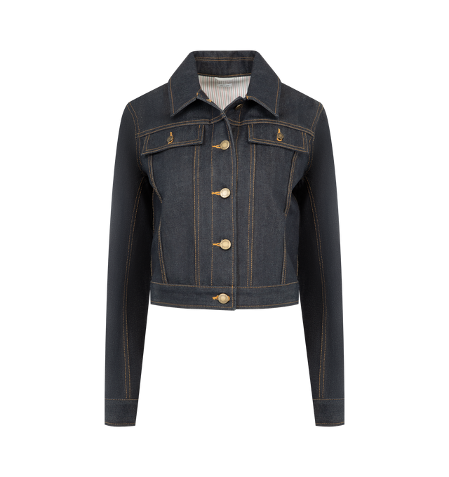 Image 1 of 3 - NAVY - THOM BROWNE Selvedge Denim Shrunken Jacket featuring front button closure, patch chest pockets with button-fastening flaps, two interior pockets, buttoned cuffs with RWB grosgrain trim, pleated back yoke with internal reinforcement, adjustable buttoned backstrap, signature striped grosgrain loop tab and shrunken fit. 100% cotton. Made in Italy.