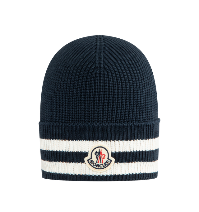 Image 1 of 2 - BLUE - MONCLER Stripe Beanie featuring ultra-fine wool, stocking-stitch, Gauge 7 and stripe trim. 100% virgin wool.