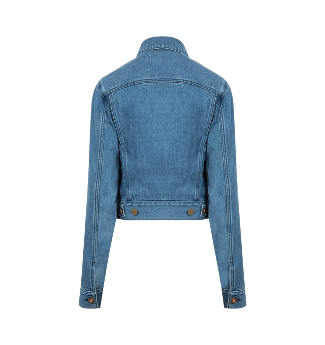 Image 2 of 3 - BLUE - GABRIELA HEARST Bronte Jacket featuring cropped length, pointed collar, front button closure, chest flap pockets with buttons and long sleeves. 100% recycled cotton.