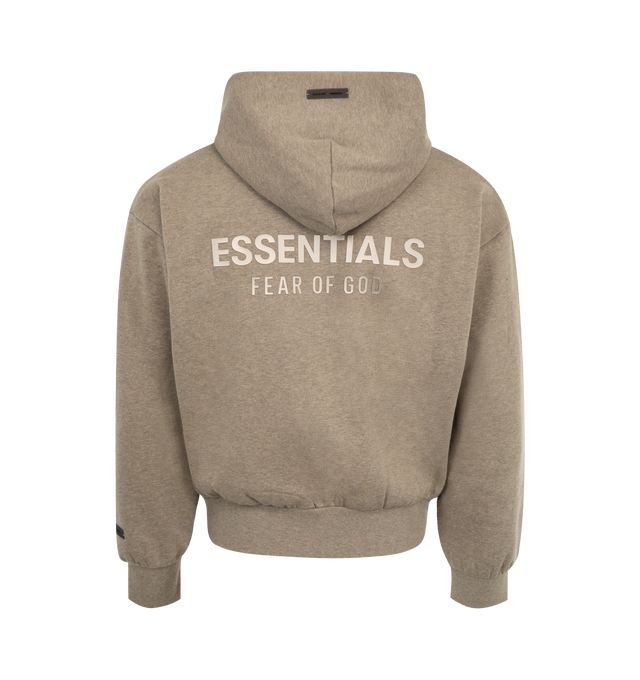 Image 2 of 2 - BROWN - FEAR OF GOD ESSENTIALS Classic Fleece Zip-Up Hoodie featuring 380gsm core fleece, zip-up closure, classic fit with signature Fear of God relaxed proportions, new beveled metallic "Essentials Fear of God" logo is branded across the back, double-layer hoodie, rib-knit cuffs, waist-hem, a kangaroo pocket and a translucent rubberized label on the hood and sleeve. 80% cotton, 20% polyester fleece.