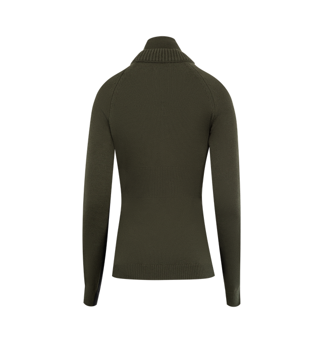 Image 2 of 3 - GREEN - MONCLER GRENOBLE Wool Turtleneck Sweater featuring stretch Merino wool, performance light fleece sides and underarms, turtle neck, stockinette stitch, gauge 7 and embroidered logo. 95% virgin wool, 5% polyester. 55% polyester, 34% polyamide/nylon, 11% elastane/spandex. Made in Moldova.