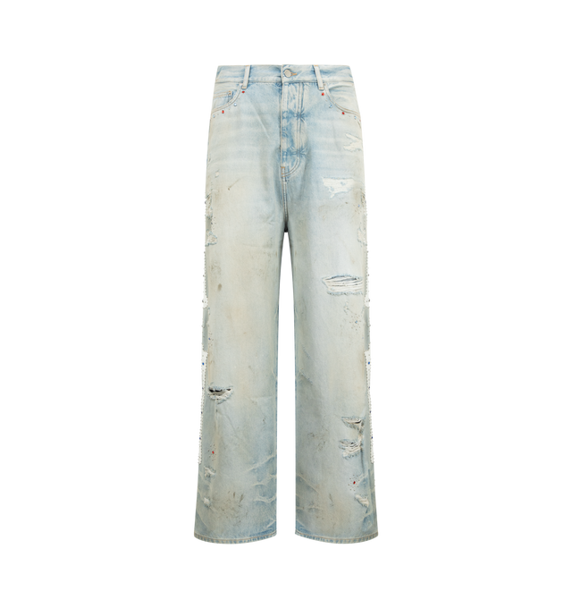 Image 1 of 4 - BLUE - AMIRI Bones Studded Baggy Jean featuring croc embossed leather bone appliques and stud detailing, distressed throughout, stud embellishments, rhinestone rivets and baggy fit. 100% cotton. Made in Italy.