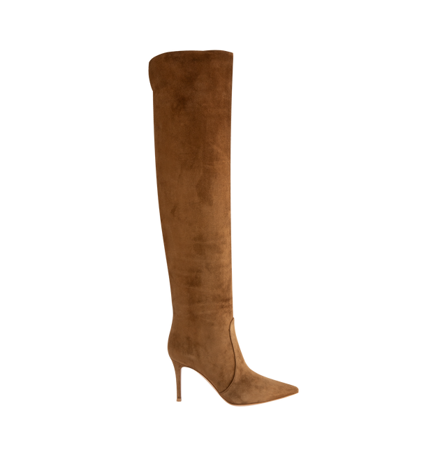 Image 1 of 4 - BROWN - GIANVITO ROSSI Hansen Suede Knee Boots featuring pointed toe and pull-on style. Lining: Goat leather. Made in Italy.