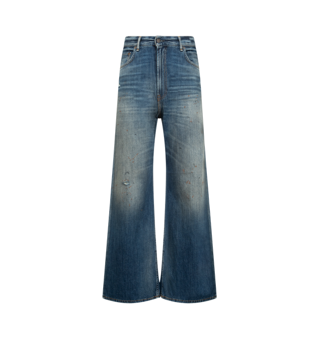 Image 1 of 3 - BLUE - ACNE STUDIOS 5 Pocket Denim Jeans featuring regular fit, high waist, wide straight leg, long length, paint marks, holes, and dirt and an authentic worn-in effect. 100% cotton.