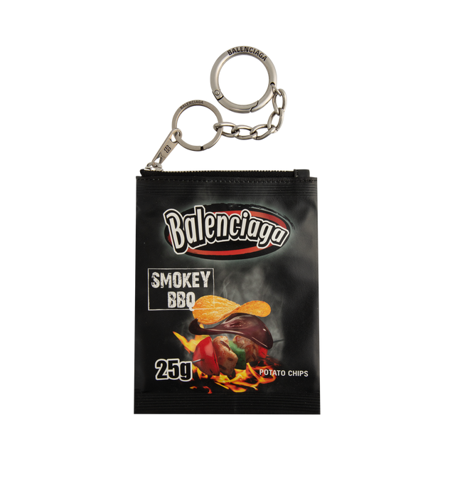 Image 1 of 2 - BLACK - BALENCIAGA Charm Keychain Chips featuring glossy calfskin, chips artwork printed at front and back, Balenciaga logo printed on the upper part of the lining, 1 main zipped compartment, TPU mirror lining, aged-silver hardware, logo engraved on both rings and multiple rings to attach on the bag or be used as a keyring. L4.3 x H5.5 x W4.3 inch. Made in Italy.