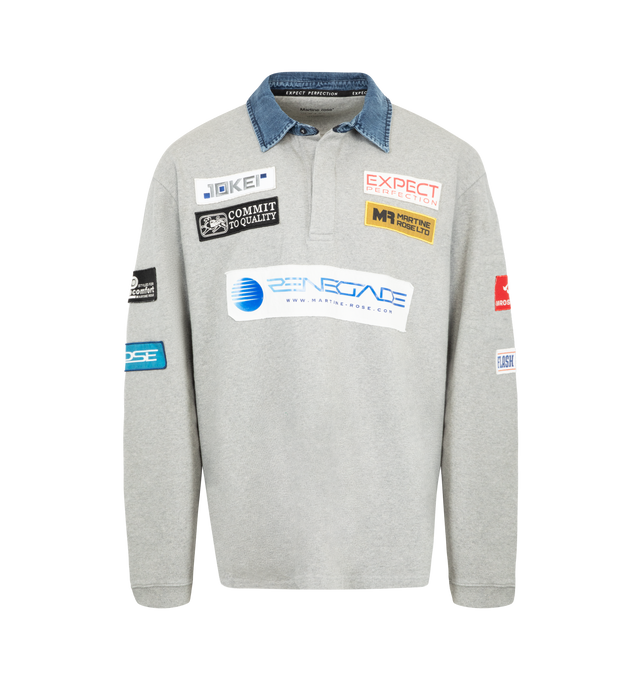 Image 1 of 4 - GREY - MARTINE ROSE Rugby Polo featuring cotton jersey, text and logo patches throughout, denim spread collar, concealed three-button placket, vented side seams, rib-knit cuffs and logo printed at back. 100% cotton. Made in Portugal.