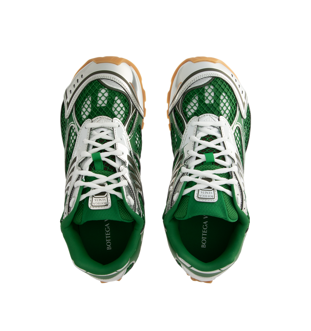 Image 5 of 5 - GREEN - Bottega Veneta Orbit Sneaker featuring mechanical textile upper, rubber sole, lace-up front, padded collar and tongue with Bottega Venneta logo detail at tongue. Made in Italy.