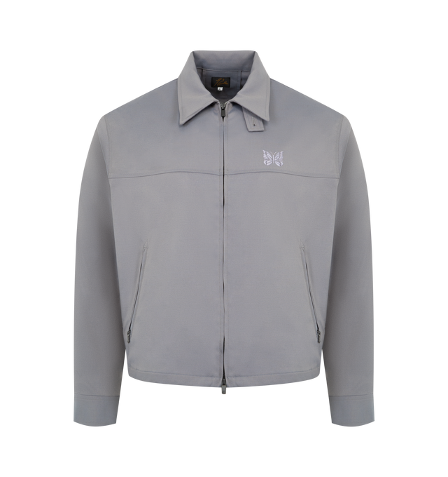 Image 1 of 3 - GREY - NEEDLES Sport Jacket featuring long sleeves, durable cavalry twill weave, classic collar, two-way zip closure, two zip front pockets, button cuffs, partially elasticated waistband and embroidered papillon logo at chest. 71% polyester, 24% rayon, 5% polyurethane.