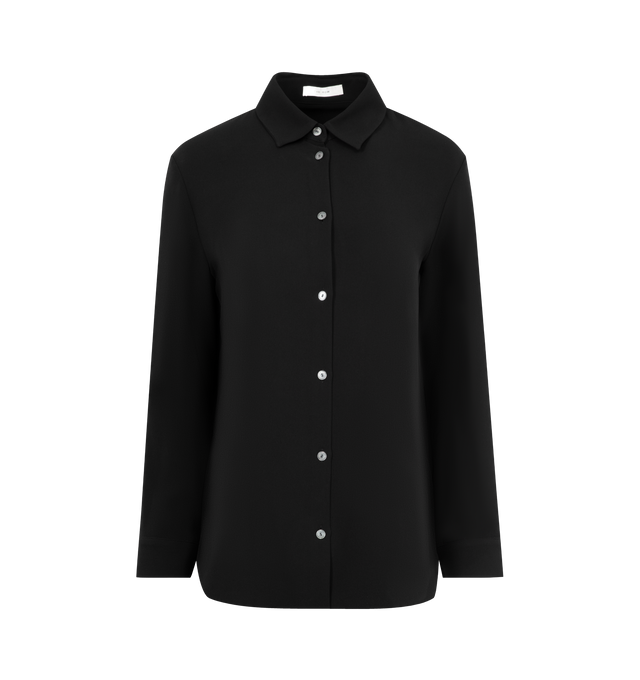 Image 1 of 2 - BLACK - THE ROW Petra Shirt in Silk featuring fitted button-up shirt in crisp, lightweight silk with cropped sleeves, slim back yoke and exposed front placket with mother-of-pearl buttons. 100% silk. Made in Italy.
