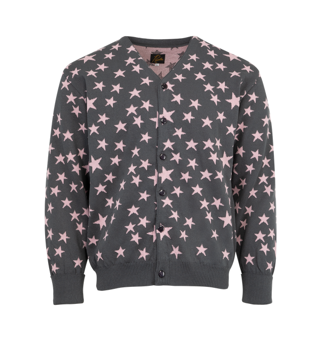 Image 1 of 2 - GREY - NEEDLES V Neck Cardigan featuring button closure, ribbed cuffs and trim, v neck and stars throughout. Made in Japan.