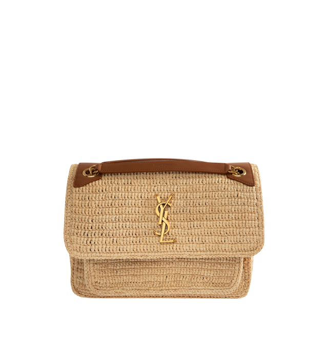 Image 1 of 4 - NEUTRAL - SAINT LAURENT Niki Medium Raffia Bag in raffia and vegetable-tanned leather featuring two compartments, a sliding leather-and-chain shoulder strap, bronze-tone hardware, magnetic snap closure, one open pocket, one zip pocket and one pocket under flap. 11" x 7.8" x 3.3". Raffia/calfskin. Made in Madagascar.