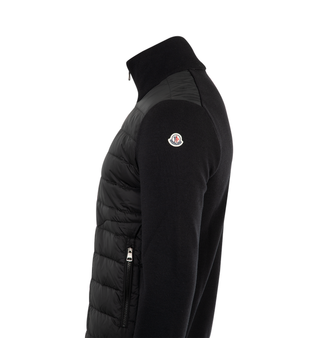 Image 3 of 3 - BLACK - MONCLER Padded Zip-Up Cardigan featuring a wool blend, down-filled nylon lger front, gauge 12, zipper closure, zipped pockets and logo patch. 100% polyamide/nylon. 50% acrylic, 50% virgin wool. Padding: 90% down, 10% feather.