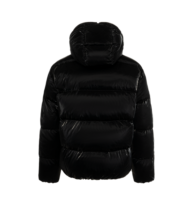 Image 2 of 3 - BLACK - Casablanca Men's Lacquered Nylon Puffer Down Jacket is crafted from lacquered polyester-polyurethane fabric and features a hooded silhouette, a two-way zip closure, and slanted twin zip pockets at the chest and hips. Designed for cold-weather layering, it is finished with a signature diamond logo zipper pull and an adjustable drawstring hem with interlocking CC logo toggles. Main Material: 57% Polyester, 43% Polyurethane. Lining: 100% Polyamide. Padding: 90% Down, 10% Feather.