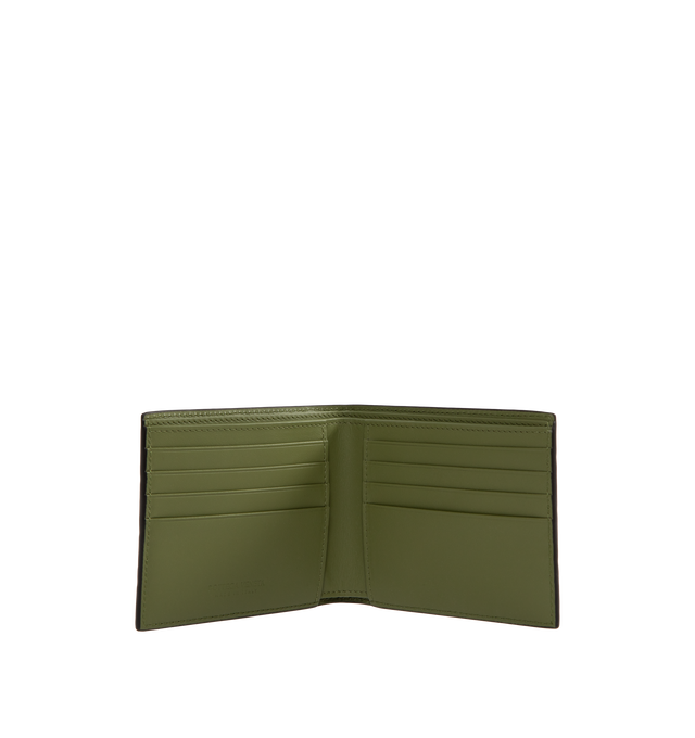 Image 3 of 3 - BLACK - BOTTEGA VENETA Intrecciato Bi-Fold Wallet featuring intrecciato calfskin leather wallet with contrasted interior, eight card slots, two bill compartments, two additional pockets. 3.7 x 4.3 x 0.4. Calfskin. Made in Italy.