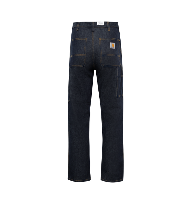 Image 2 of 3 - BLUE - CARHARTT WIP Single Knee Jeans featuring relaxed-fit, straight-leg, belt loops, five-pocket styling, zip-fly, utility pocket at outseams, logo patch at back pocket and contrast stitching in tan. 100% cotton.