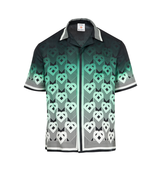 Image 1 of 2 - GREEN - CASABLANCA Gradient Monogram Silk Shirt featuring an all-over printed design, monogrammed silk twill fabric, Cuban collar, a breast pocket, hidden button closure, interlocking CC logo corozo buttons, and stripe edge detail on the collar, cuffs, placket and hem. 100% silk. Made in Italy.