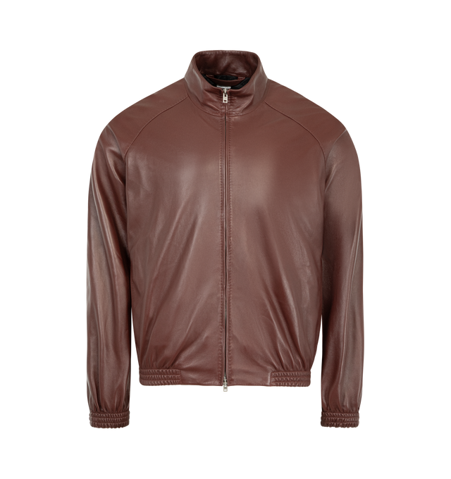 Image 1 of 3 - BROWN - ACNE STUDIOS Leather Jacket featuring funnel neck, soft lamb leather with a smooth handfeel, front seam pockets, elasticated cuffs and hem, metal logo plaque at the back neckline, regular fit and below-waist length. 100% lamb leather. Lining: 50% viscose, 50% acetate.