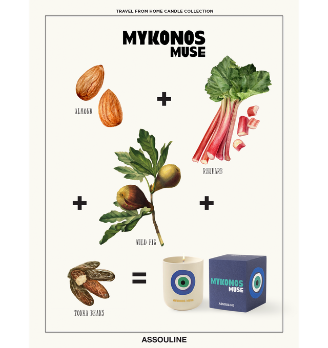 Image 5 of 5 - MULTI - Assouline Mykonos Muse - Travel From Home Candle. Bathe in the idyllic shores of Mykonos with the aroma of fresh green fig, warm tonka, sweet almond, and herbaceous cyclamen, as this exquisite blend evokes the allure of hidden coves and charming whitewashed villas. Material: Ceramic Vessel. Wax Family: Soy, Coco, Paraffin Blend. Approximate Burn Time: 50 Hours. Weight: 11.25 oz (318.02 g). Dimensions: 4 x 3.37 in (10.16 x 8.56 cm).