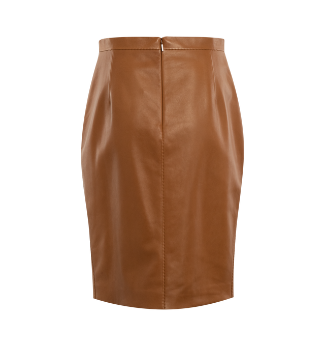 Image 2 of 2 - BROWN - SAINT LAURENT Pencil Skirt with overstitched panels, silk lining, and concealed back zip closure. 100% lambskin. Made in Italy. 