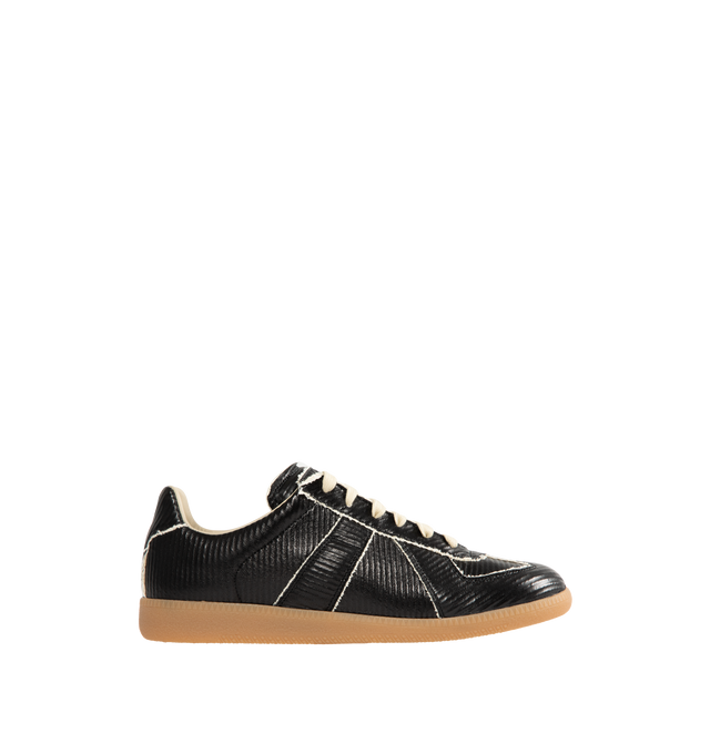 Image 1 of 5 - BLACK - MAISON MARGIELA Replica Sneakers featuring low-top sneakers in cracked leather, panel detailing, lace-up front, textured gum sole and white stitching at the back. Upper: 100% Ovine Leather. Lining: 100% Cotton. Sole: 100% Rubber. Made in Italy.