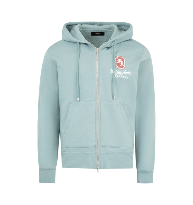Image 1 of 2 - BLUE - AMIRI MA Chateau Zip Hoodie featuring a full front zipper closure, ribbed cuffs and hem, adjustable drawstring hood, and signature rose-embroidered Chateau Amiri California logo on the chest. 100% cotton. Made in Italy.