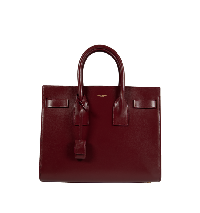 Image 1 of 3 - RED - SAINT LAURENT Sac De Jour Small YSL Bag has accordion sides, snap button , detachable padlock, bronze-tone hardware, and interior zipper pocket. 100% leather. Made in Italy.  