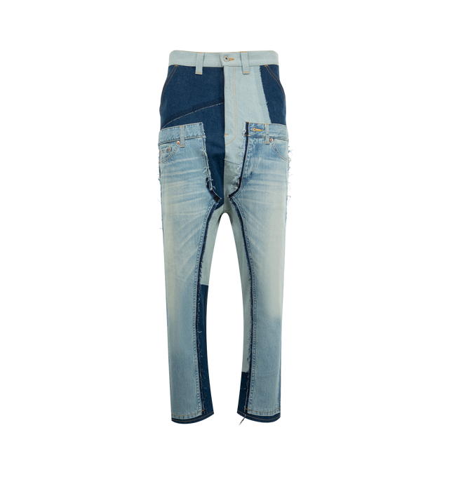 Image 1 of 3 - BLUE - JUNYA WATANABE Layered Jeans featuring belt loops, zip-fly, distressing and patchwork throughout and layered look. 100% cotton. Made in Japan.