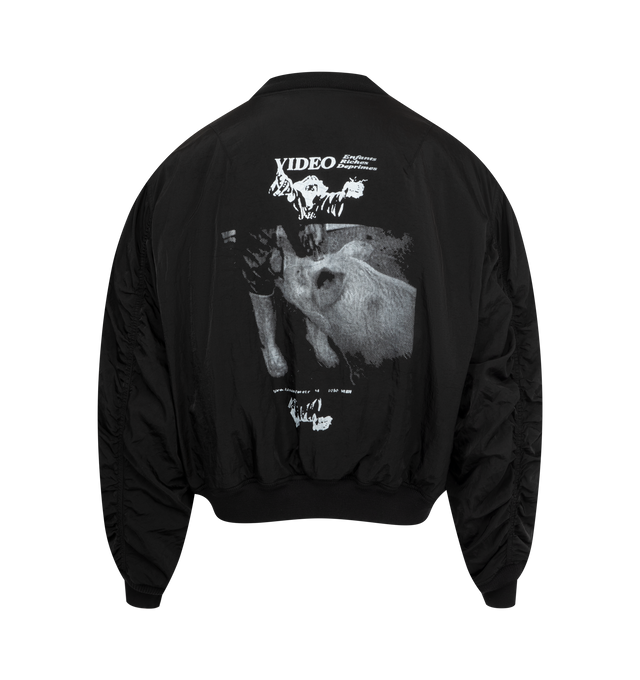 Image 2 of 3 - BLACK - ENFANTS RICHES DEPRIMES Enfants "Video" Bomber Jacket featuring padded nylon, a cropped, drop-shoulder fit with a zip front closure, rib knit stand collar, cuffs, and waist hem, snap closure flap pockets at the waist, a zip pocket at the left sleeve and printed artwork at the front and back. Made in Italy.