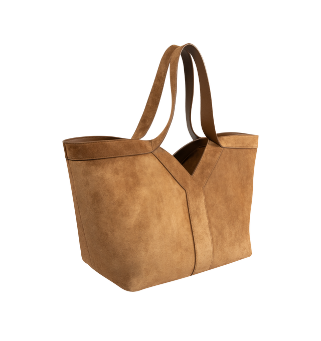 Image 2 of 4 - BROWN - SAINT LAURENT Y Small Tote in suede featuring small version of the Y tote in finely grained leather, ultra-lightweight bag, subtle Y signature stitching, lined in tonal leather, zip pocket, hook closure, one zip pocket and one keyring carabiner tab. 11.4" x 9.4" x 6.5". Calfskin. Made in Italy.