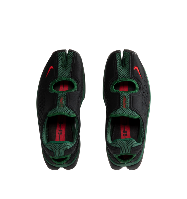 Image 5 of 5 - BLACK - Nike Women's Air Rift 2 Kenya Sneakers reinterpret the iconic split-toe silhouette with a colorway inspired by Kenya and its renowned running heritage. Designed in black, Fire Red, and Team Dark Green, these sneakers reference the colors of the Kenyan flag while honoring the barefoot running traditions that originally influenced the Air Rift design. The updated Air Rift 2 construction retains the distinctive split-toe profile and natural-motion-inspired shape while refining the origin
