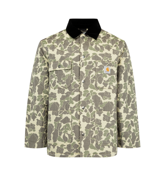 Image 1 of 2 - GREEN - CARHARTT WIP Tapestry Chore Coat featuring velvet top collar, double-stitched, front closure with branded buttons, four pockets, one with flap and button, adjustable cuffs, interior chest pocket and square label. 78% cotton, 21% polyester, 1% nylon. Lining: 100% nylon (diamond-quilted).