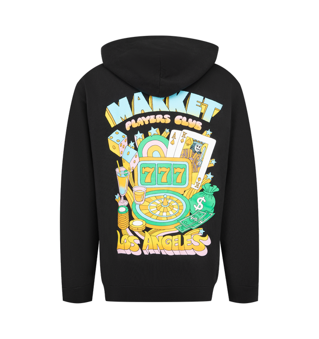 Image 2 of 2 - BLACK - MARKET Players Club Hoodie featuring pullover sweatshirt with fixed hood, graphic print on front and back, pouch pocket, ribbed knit trims and regular fit. 80% cotton, 20% polyester.
