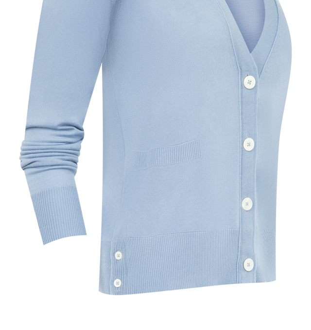 Image 3 of 3 - BLUE - THOM BROWNE 4-Bar Merino Wool Cardigan featuring V-neck, front button closure with striped grosgrain placket, 4-bar stripe detailing, buttoned side vents and cuffs with signature striped grosgrain trim and signature striped grosgrain loop tab at back of neck. 100% merino wool. Made in Italy.