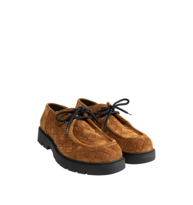 Image 2 of 4 - BROWN - Bottega Veneta Men's Haddock Lace-Up Shoe in smooth suede with all-over Intrecciato craftsmanship. Upper and lining: calfskin suede leather. Rubber outsole. Made in Italy.