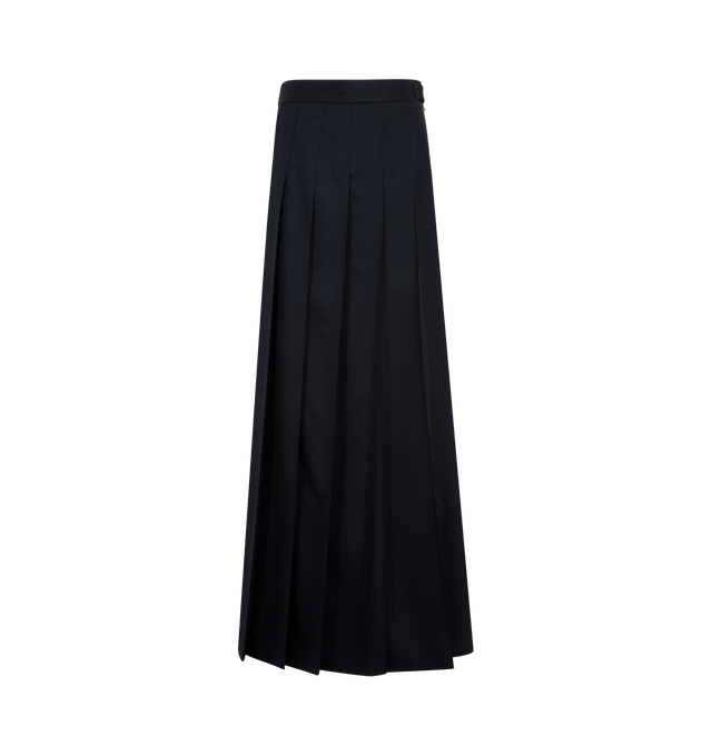 Image 1 of 3 - BLUE - Thom Browne Womens Pleated Long Skirt is crafted from wool twill. Features a pleated silhouette, side zip closure, adjustable button backstrap, dropped back hem with signature grosgrain trim, and signature grosgrain loop tab at the back waist. Main Material: 100% Wool; Lining: 100% Cupro. Made in Italy.