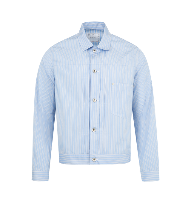 Image 1 of 2 - BLUE - SACAI Poplin Jacket featuring classic collar, front button fastening, long sleeves, buttoned cuffs, two side slit pockets, adjustable cinched back and straight hem. 100% cotton.