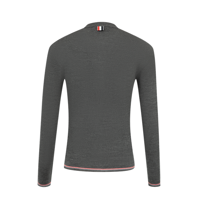 Image 2 of 2 - GREY - Thom Browne Womens Fine Merino Wool Cardigan is crafted from fine-gauge merino wool and features a front button closure, finely ribbed neckline and placket, rib-knit cuffs and hem with signature RWB tipping, and the signature striped grosgrain loop tab. This designer wool cardigan combines lightweight knit construction with a timeless button-front silhouette for elevated everyday layering. Main Material: 100% Wool. Made in Italy.