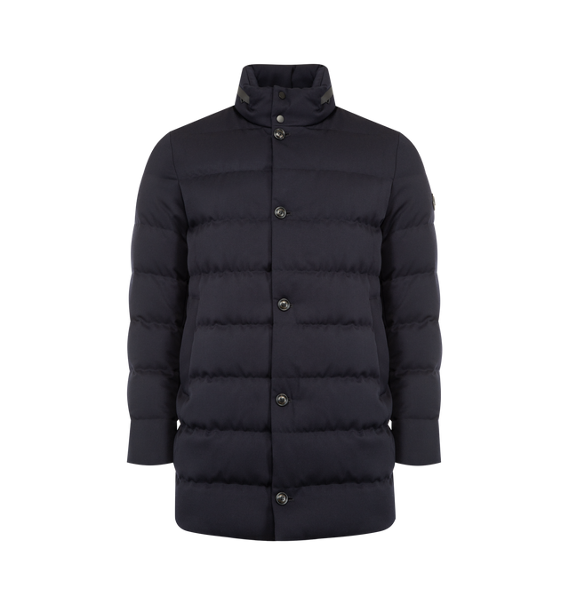 Image 1 of 5 - NAVY - MONCLER Vallonpierre Hooded Long Down Jacket featuring Aquaflect, nylon lining, down-filled, detachable and adjustable hood, collar with leather trim, zipper and snap button closure, pockets with zipper and snap button closure, adjustable cuffs, hem with drawstring fastening and leather logo patch. 100% virgin wool. Lining: 100% polyester. Padding: 90% down, 10% feather. Made in Romania.