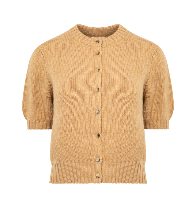 Image 1 of 2 - BROWN - KHAITE Nora Cardigan featuring a fitted, jersey-stitched cardigan in luscious cashmere knit for soft structure, grosgrain at self placket and ribbing at crewneck, cuffs, and hem. 100% cashmere.