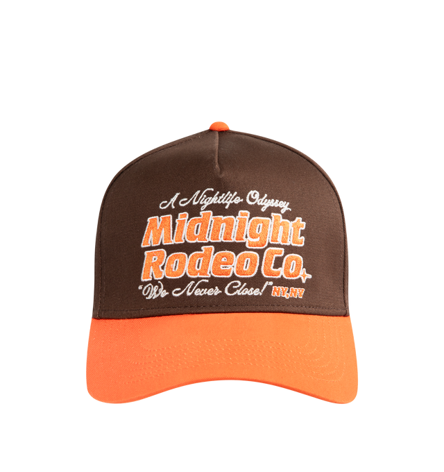 Image 1 of 2 - BROWN - MIDNIGHT RODEO Nightlife Odyssey Trucker Hat featuring curved peak, adjustable strap and logo detail. Cotton.
