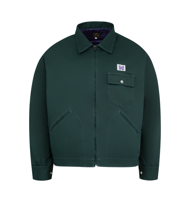 Image 1 of 2 - GREEN - NEEDLES Work Jacket featuring a well-balanced short length and wide body, zippered pockets, quilted lining, classic collar and zip front closure. 65% polyester,35% cotton. Made in Japan.