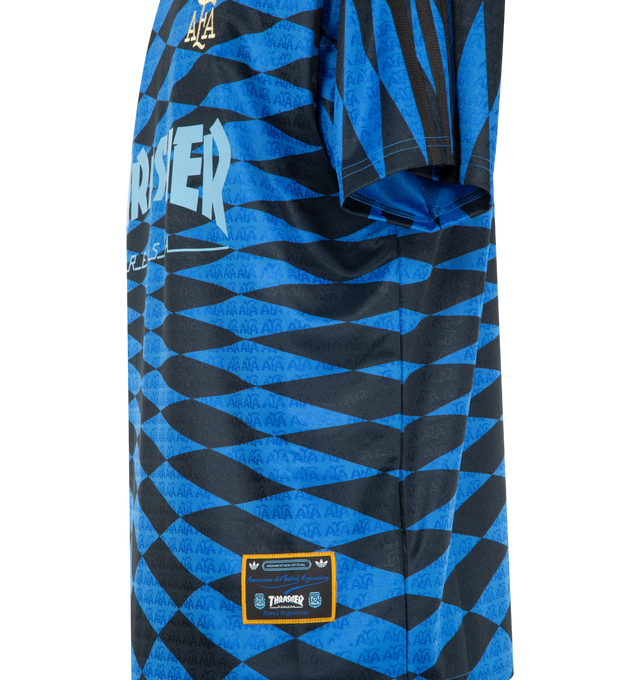 Image 3 of 3 - BLUE - ADIDAS x Argentina x Thrasher Jersey featuring regular fit, knit construction, short sleeves, collar, logo on front and print throughout. 100% polyester. Made in Thailand.
