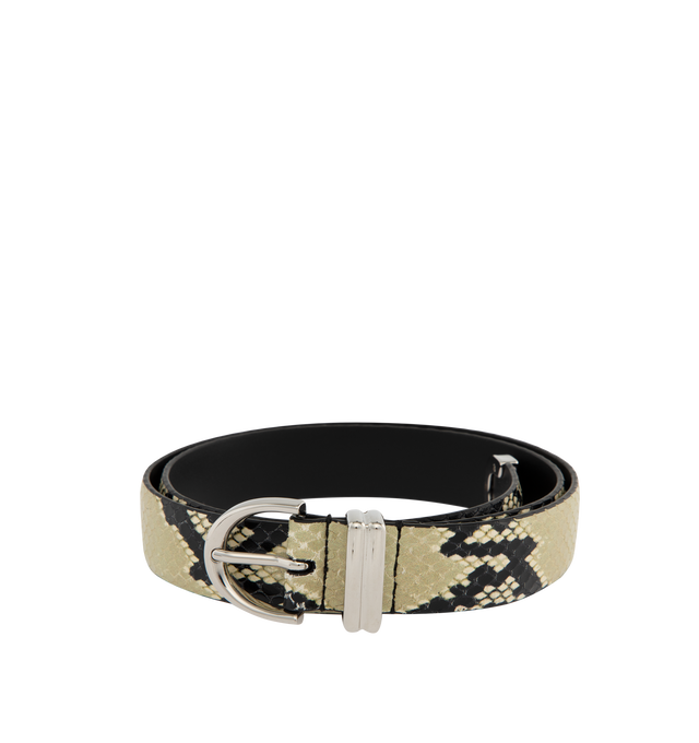 Image 1 of 2 - NEUTRAL - KHAITE Bambi Skinny Belt featuring snake print, punch hole detailing, a silver buckle, rounded tip and embossed logo on the inner. 100% calfskin. Made in Italy.