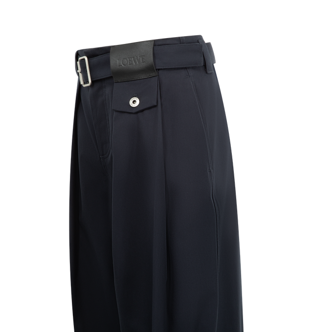 Image 3 of 3 - NAVY - Loewe Trousers in lightweight cotton and silk gabardine featuring an adjustable fabric belt and pleats at the front. Relaxed fit, regular length, mid waist, loose leg featuring concealed button fly, buttoned coin pocket, seam pockets, rear patch pocket, and LOEWE embossed leather patch placed at the front. Cotton/silk. Made in Italy.
