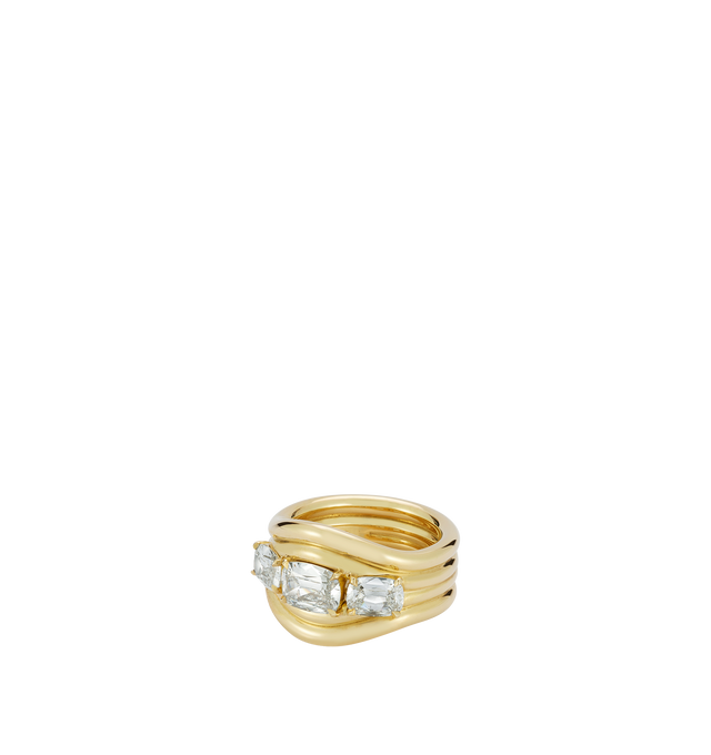 Image 1 of 2 - GOLD - JEMMA WYNNE FORME Three-Stone Diamond Cushion Contour Ring featuring 18k Yellow Gold, One of a Kind, Diamond Cushions - 2cts. Hirshleifers offers a range of initial pieces from this collection in-store. For personal consultation and detailed information about jewelry, please contact our dedicated stylist team at personalshopping@hirshleifers.com. This item may be restricted for online purchase to international clients. For assistance purchasing this item please contact our dedicated st