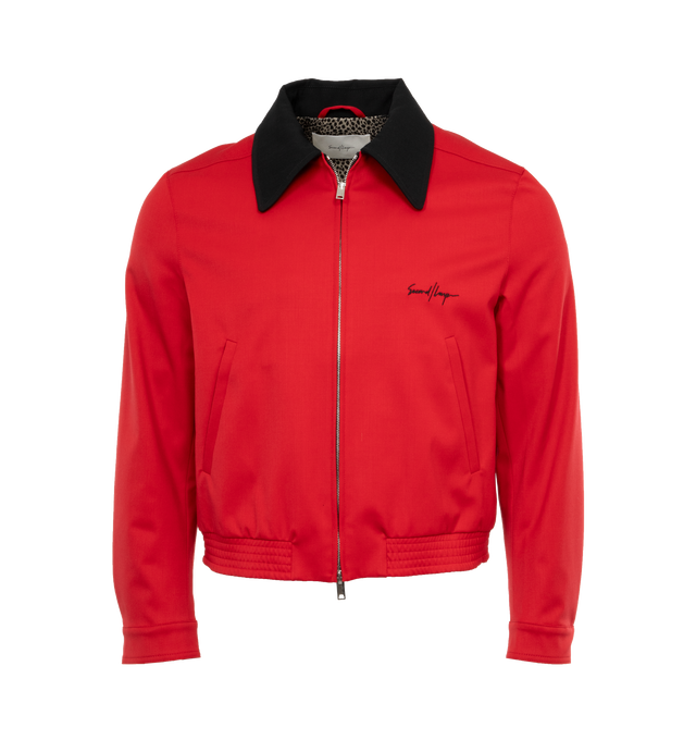 Image 1 of 3 - RED - SECOND LAYER Ricky Jacket featuring vintage mechanic style, contrast collar, fully lined in leopard print, front welt pockets and elasticated hem with black embroidered logo at front. Wool. 