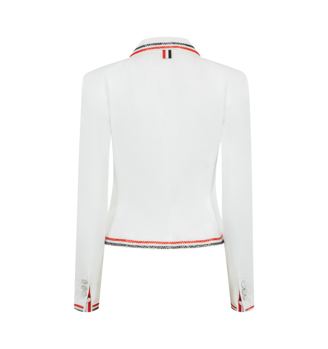 Image 2 of 3 - WHITE - THOM BROWNE Solid Seersucker Cropped Jacket featuring front button closure, button-down point collar, patch chest pocket, button-fastening self armbands, contrast buttoned French cuffs, pleated back yoke with locker loop, curved hem, name tag appliqu, signature striped grosgrain loop tab and classic fit. 100% cotton. Lining: 100% cupro. Made in Italy.