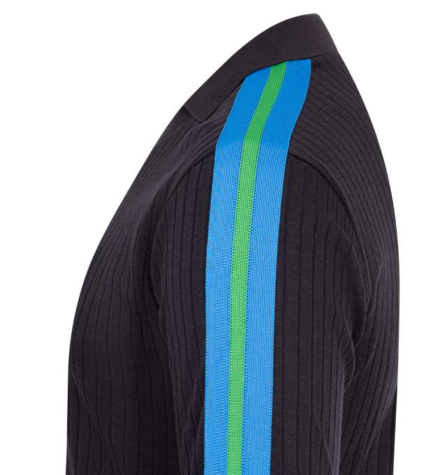 Image 3 of 3 - NAVY - WALES BONNER Roots Polo Sweater featuring a soft, ribbed-knit fabric with a smart polo collar, accented with stripe detailing along the arms and subtle logo embroidery. 64% lyocell, 31.5% cotton (organic), 4.5% elastane. Made in Portugal.