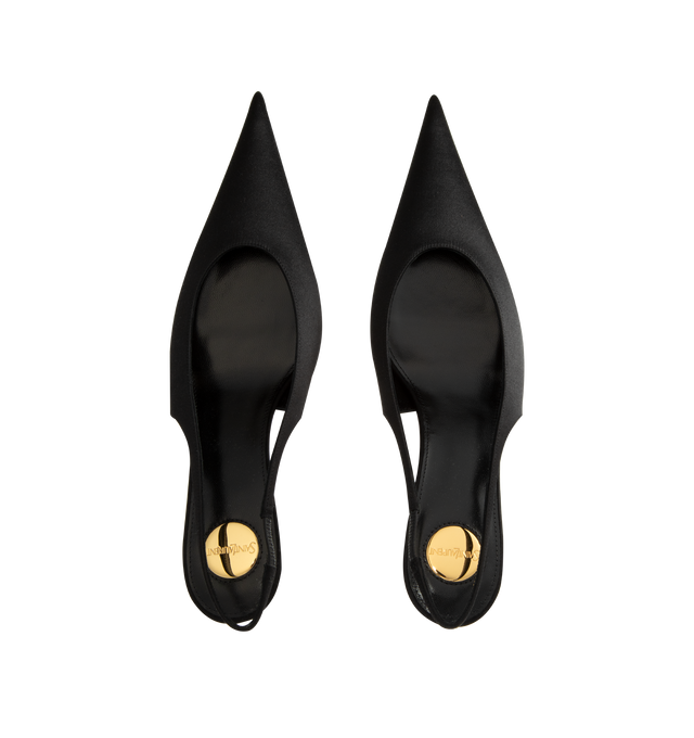 Image 4 of 4 - BLACK - Saint Laurent Women's Fanny Slingback Pumps are crafted from certified viscose and certified silk and feature a translucent silhouette with a pointed cap toe and a Plexiglas kitten heel embedded with the signature bronze-tone CASSANDRE. Designed with an elasticized slingback strap, the elegant pair is finished with a leather sole and a round Saint Laurent-engraved metal plaque at the insole. Main Material: Certified Viscose, Certified Silk. Sole: Leather. Closure: Elasticized Slingbac